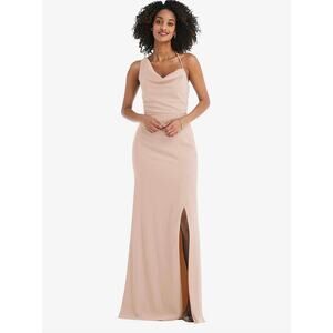 NWT Dessy After Six One-Shoulder Draped Cowl-Neck Maxi Dress Cameo Sz 0